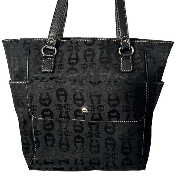 Etienne Aigner Shoulder L Black Logo Trapezoid Purse Bag - Picture 2 of 9